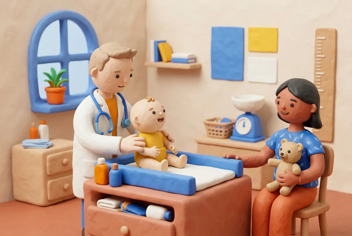 Pédiatre examinant un bébé sur la table d’examen de son cabinet, la maman assise à côté