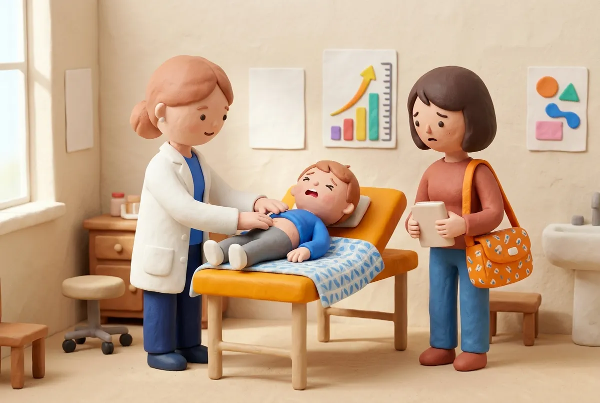 Pédiatre palpant le ventre d’un petit garçon sous le regard inquiet de sa mère